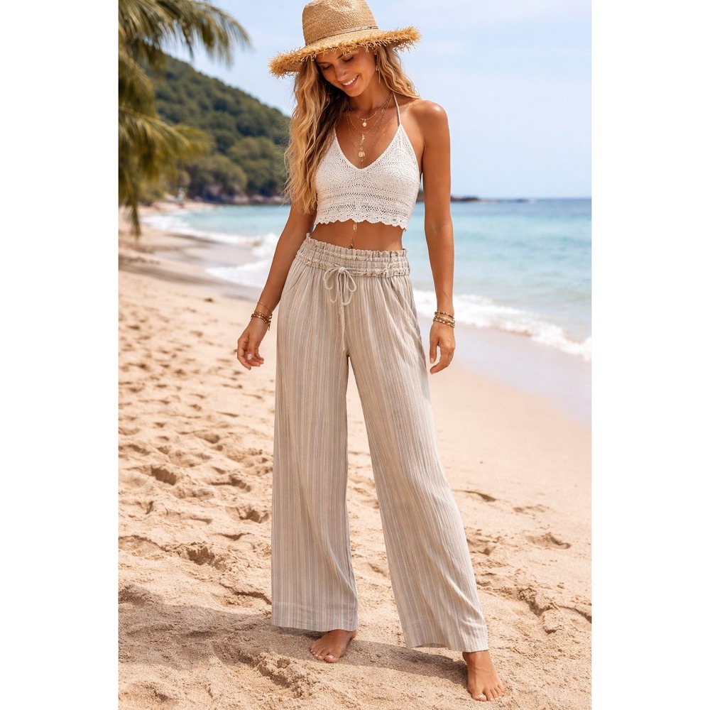 Jolt Linen Blend Multicolor Stripe Wide Leg Women Pants Sz M Coastal Bohemian
